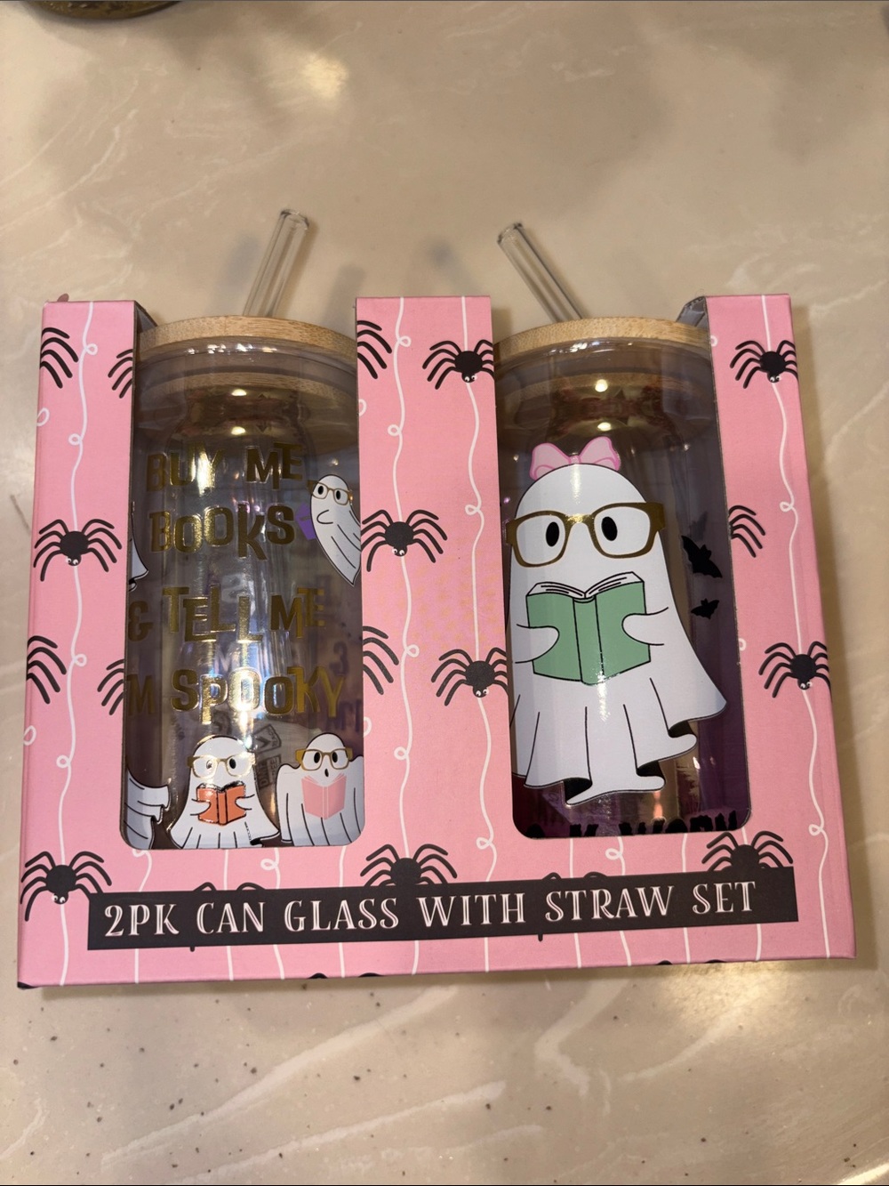 Pink Ghost Can Glass Tumbler Set with Straws - Cute Reading Ghost Design